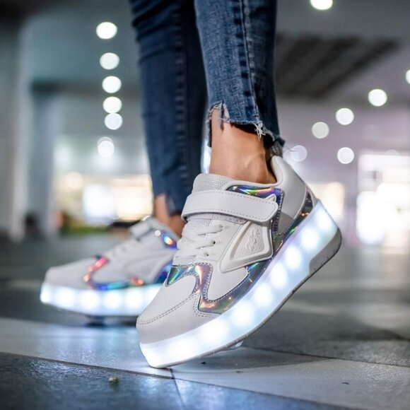 Kid's New Upgraded Wheels Shiny Dark Roller Skates Skate Beautiful White Shoes - Picture 5 of 6